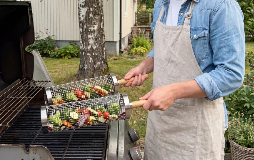 De grillmand op de grill plaatsen
